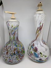 Load image into Gallery viewer, Glass soap dispenser Bottle or Vase. Vibrant flower &amp; rainbow confetti colors.
