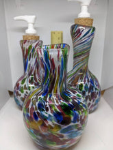 Load image into Gallery viewer, Glass soap dispenser Bottle or Vase. Vibrant flower &amp; rainbow confetti colors.
